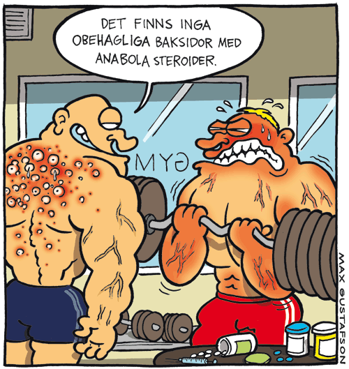Satirteckning om anabola steroider. Av Max Gustafson, serietecknare.
