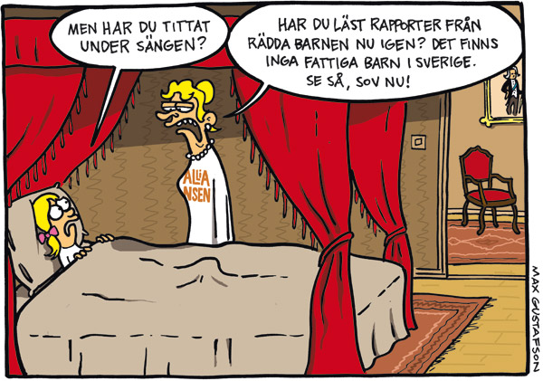 Satirteckning om alliansens förnekande av barnfattigdom i Sverige. Av serietecknaren Max Gustafson.