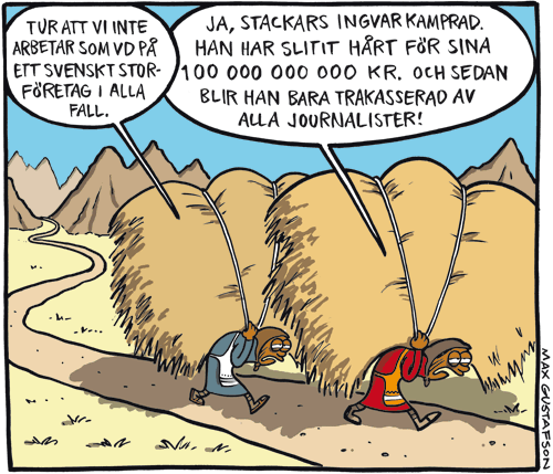 Satirteckning om Ingvar Kamprads skattesmitning, av Max Gustafson - serietecknare.