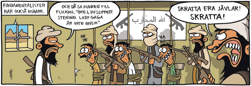 Satirteckning om fundamentalisters brist på humor, av Max Gustafson, serietecknare.