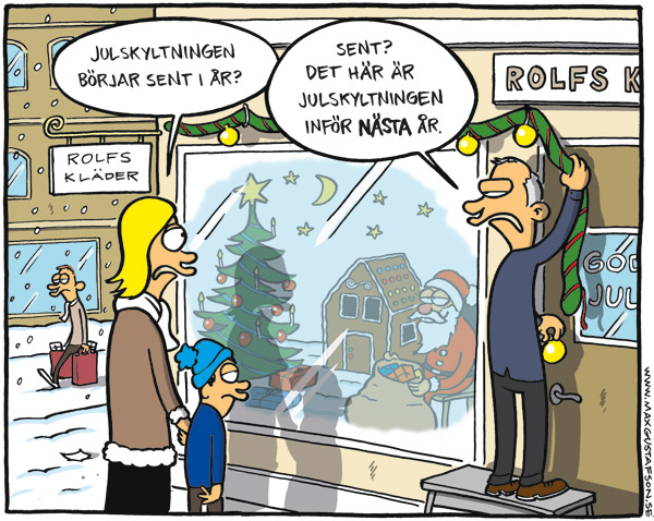 Satirteckning om överdimensionerad julhandel. Av Max Gustafson - serietecknare.
