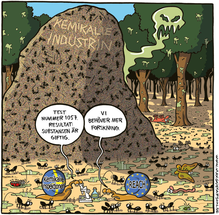 Satirteckning om inkompetent kemikalielagstiftning. Av Max Gustafson - serietecknare.