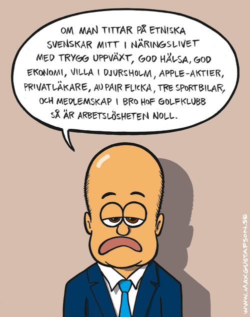 Satirteckning om Fredrik Reinfeldts trixande med statistik. Av Max Gustafson.