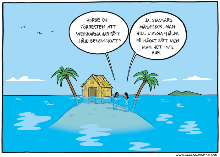 Satirteckning om globalt klimatansvar. Av Max Gustafson, serietecknare.