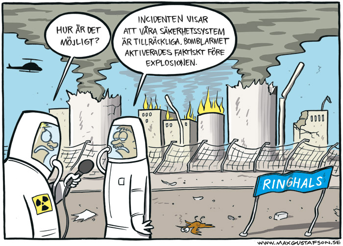 Satirteckning angående sprängdegen på Ringhals kärnkraftverk. Av Max Gustafson