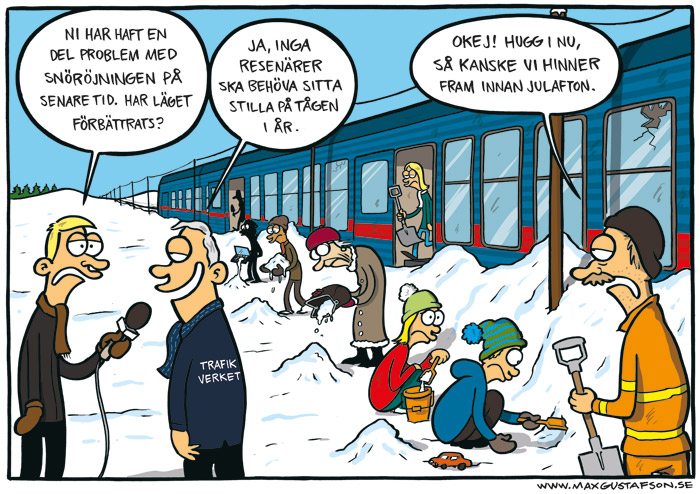 Satirteckning om sveriges urspårade tågverksamhet. Av Max Gustafson.