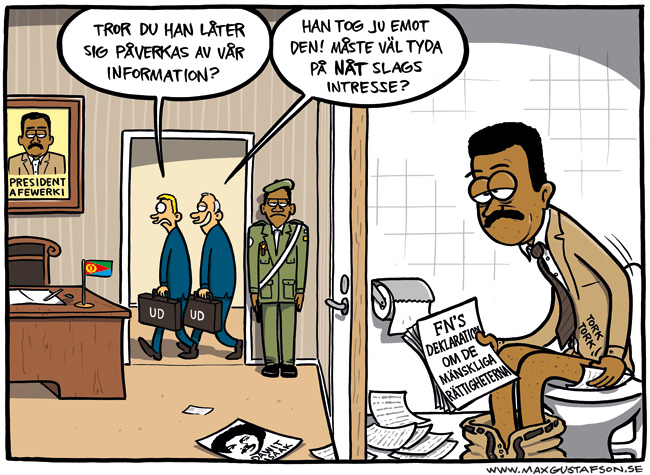 Satirteckning åt Tecknare för Dawit-kampanjen. Av Max Gustafson.
